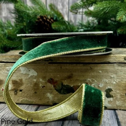 1" x 10yds Forrest Green Lush Velvet Metallic Light Gold Back