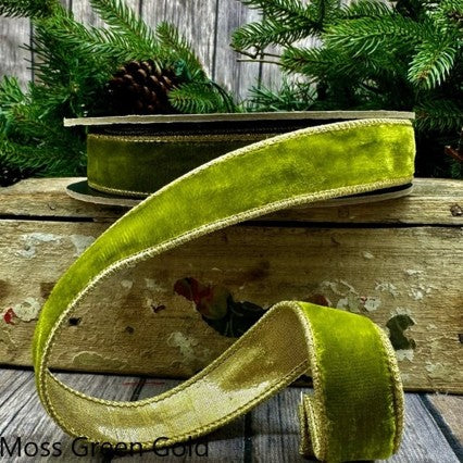 1" x 10yds Moss Green Lush Velvet Metallic Light Gold Back