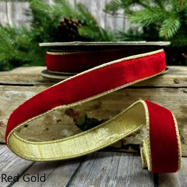 1" x 10yds Red Lush Velvet with Metallic Light Gold Back