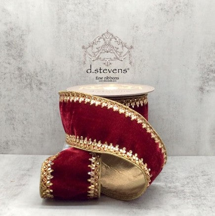 4" x 5yds Ruby Velvet with Gold Jewel Side Trim
