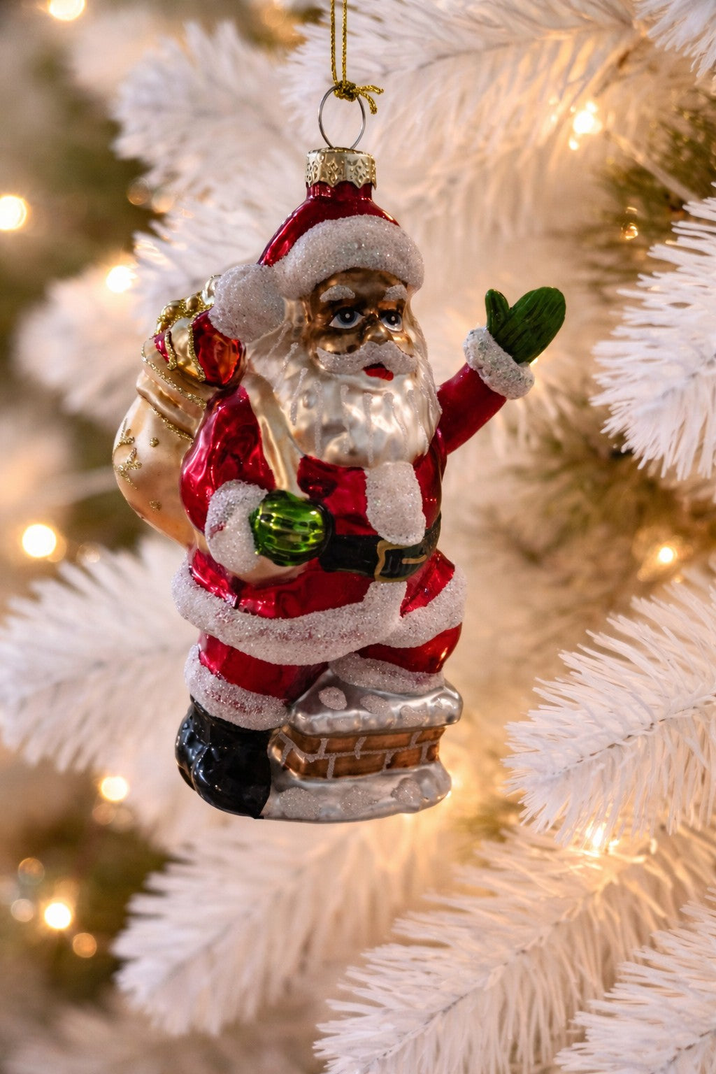 African American Santa Going Down Chimney 6"