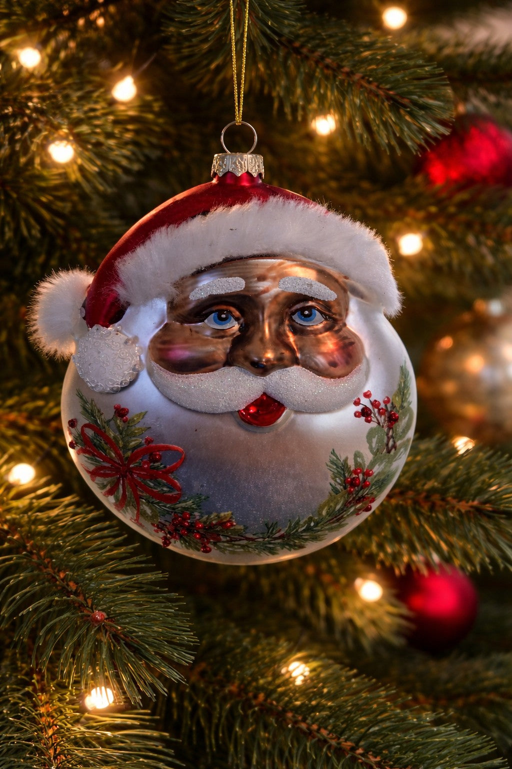 African American Santa Ornaments Red Bow 5"