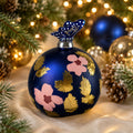 4" Royal Blue and Gold Ball Glass Ornament with Pink Flowers