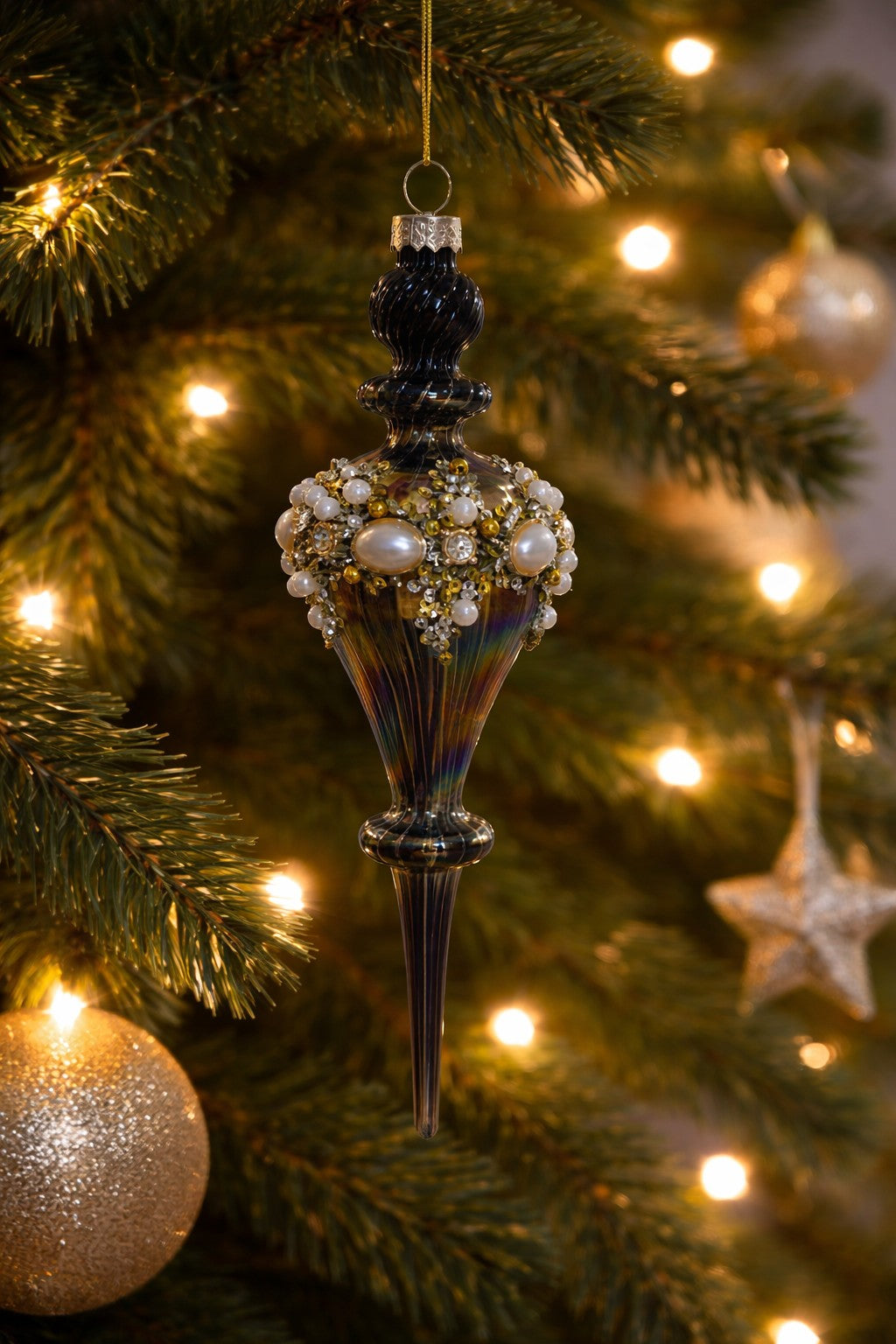 Deep Blue Pearls, Rhinestones, and Sequins Finial 1 8"