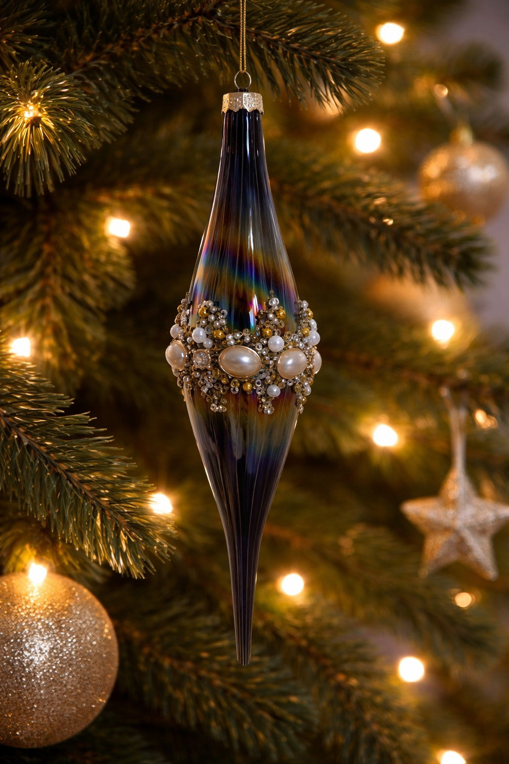 Deep Blue Pearls, Rhinestones, and Sequins Finial 2 9"