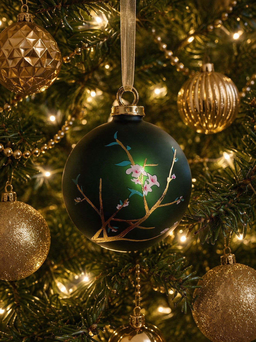 Emerald, Green Glass Ball Ornament with Cherry Blossom Branches 4"