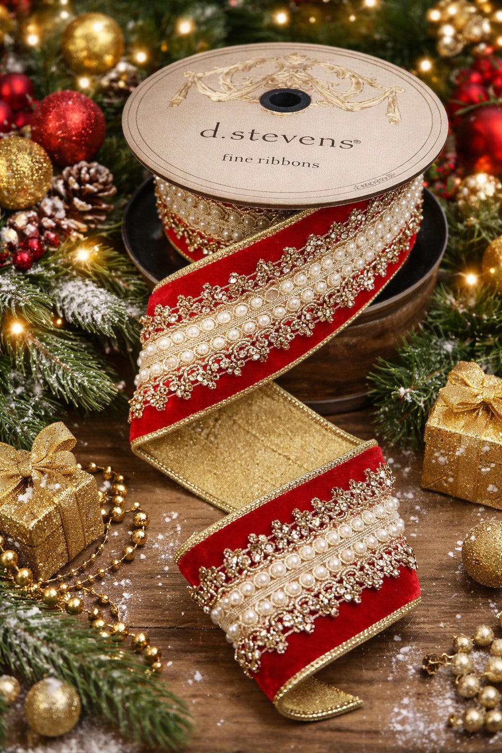 Red Velvet Countess Trimmed in Pearls and Rhinestones 2.5" x 5 Yards