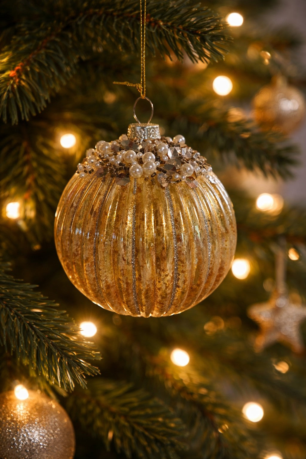 Gold Ball Ornament with Pearls and Sequins 3"