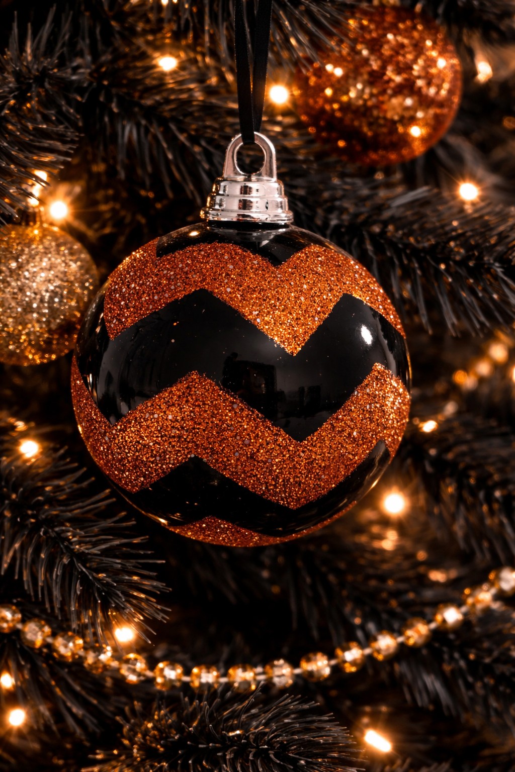 Black and Orange Glitter Ball Shaped Ornament 5"