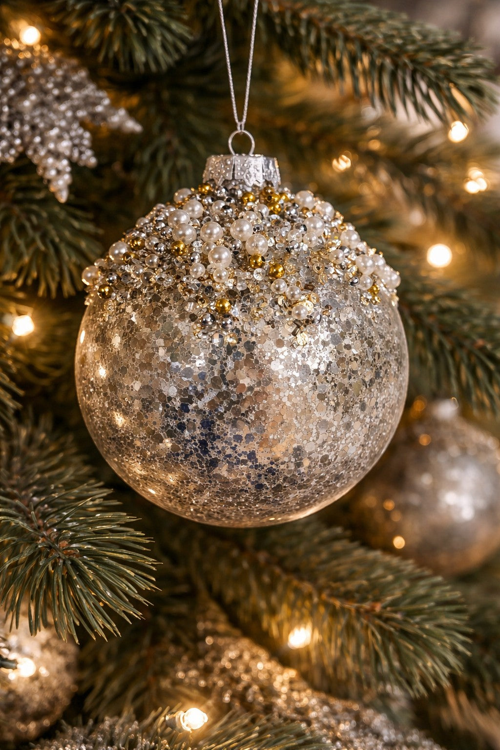 Pearls and Gold Beads on top of Ornament 4"