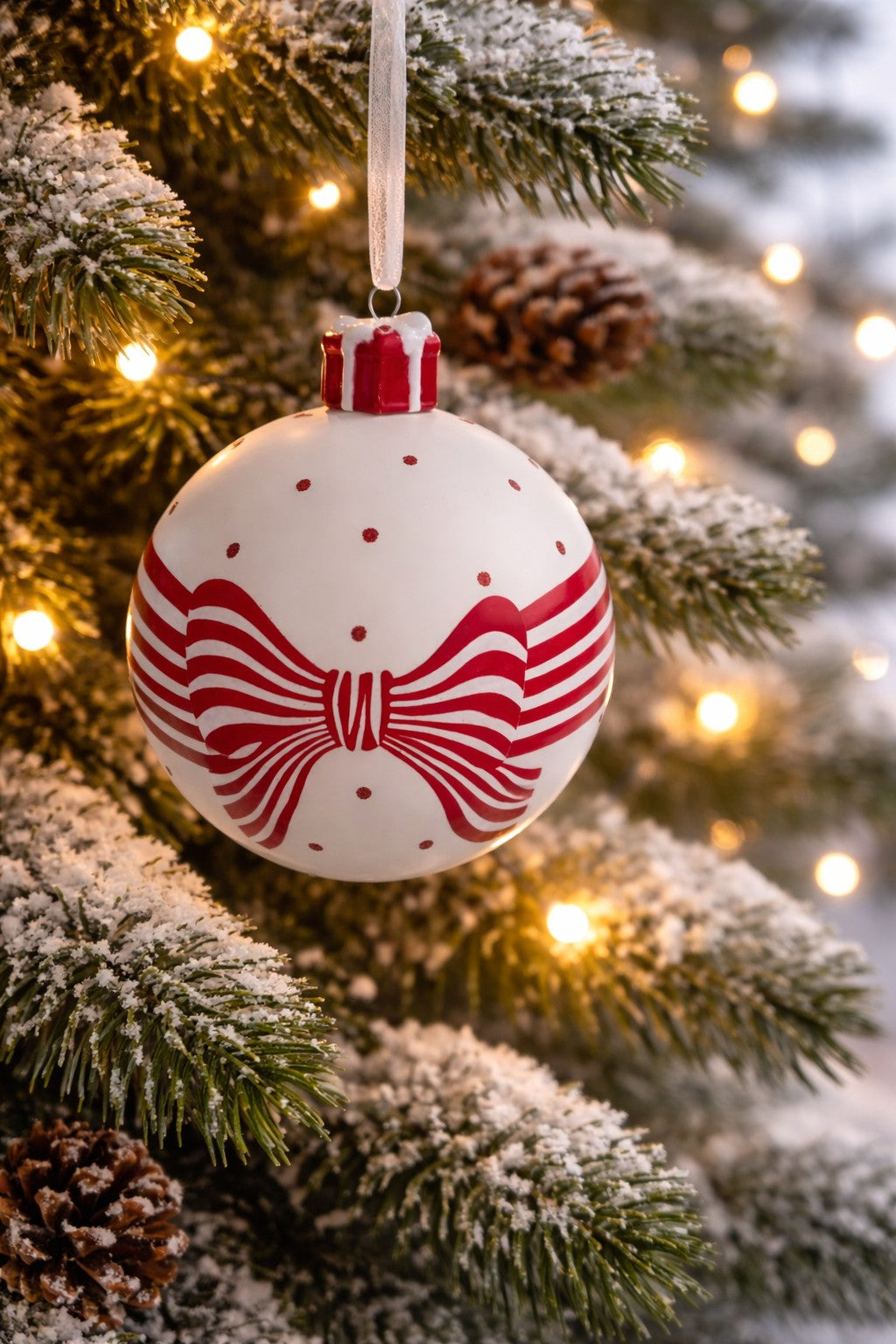 White and Red Ornament with Christmas Present Cap 4"