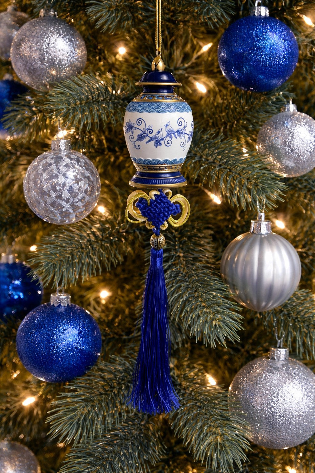 Blue and White Vase Ornament with Birds 11"