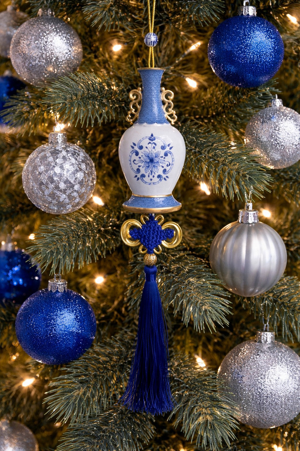 Blue and White Vase with Flower 11"