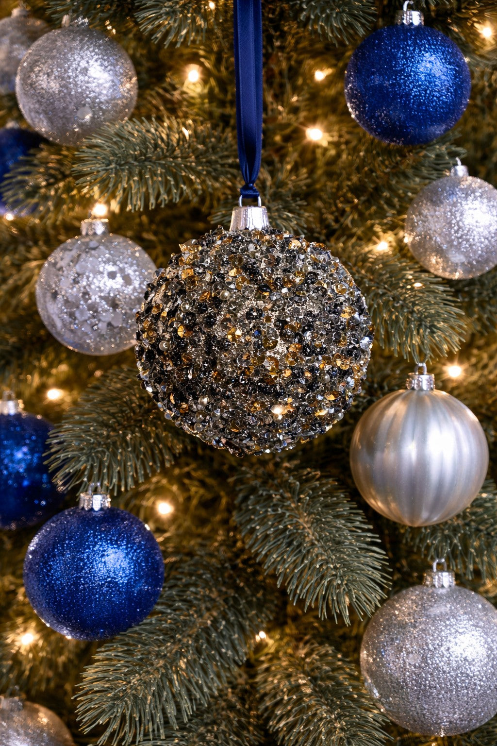 Blue, silver, & gold burst sequins ornament 4"