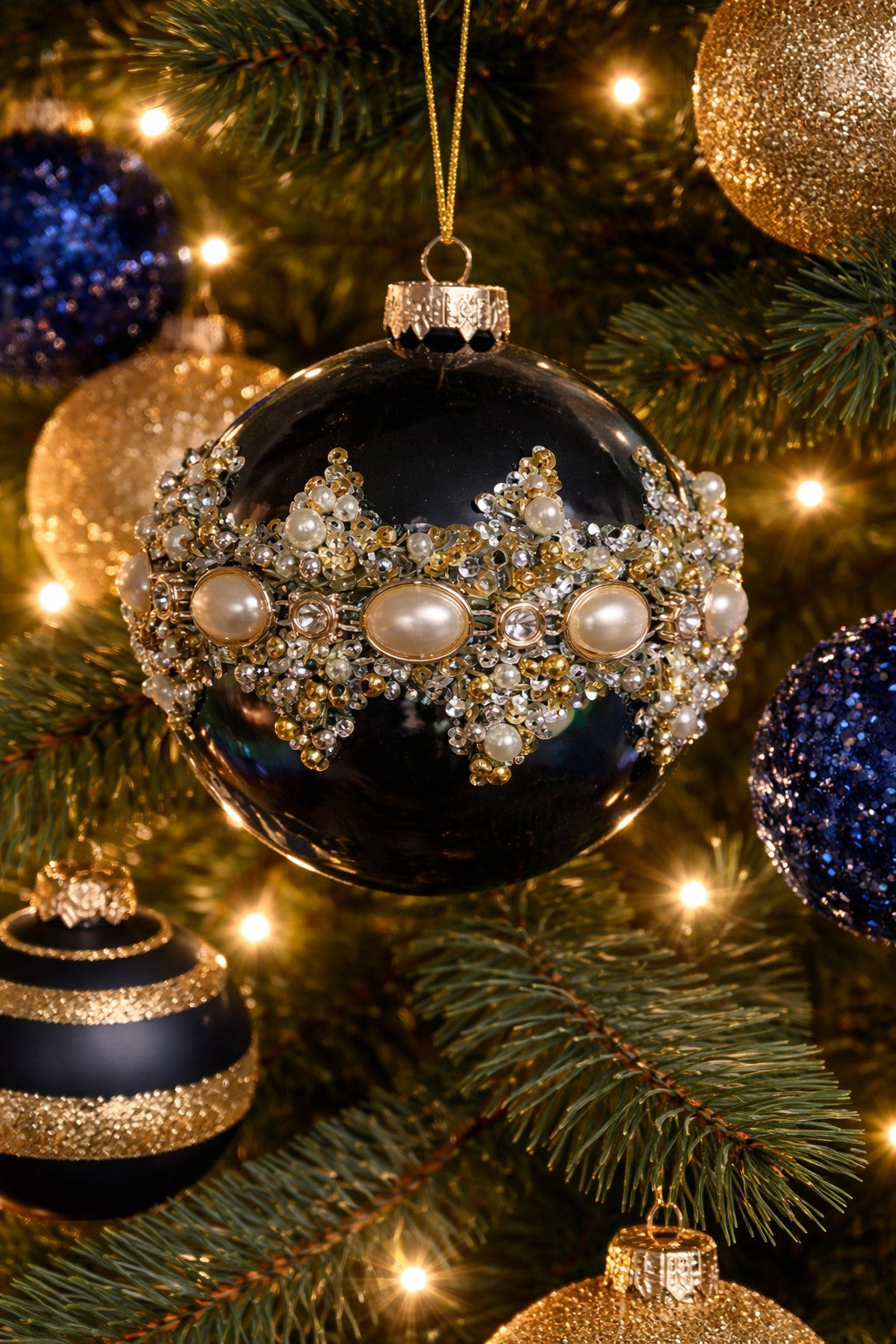 Pearl & Rhinestone Deep Blue Ornament 4"