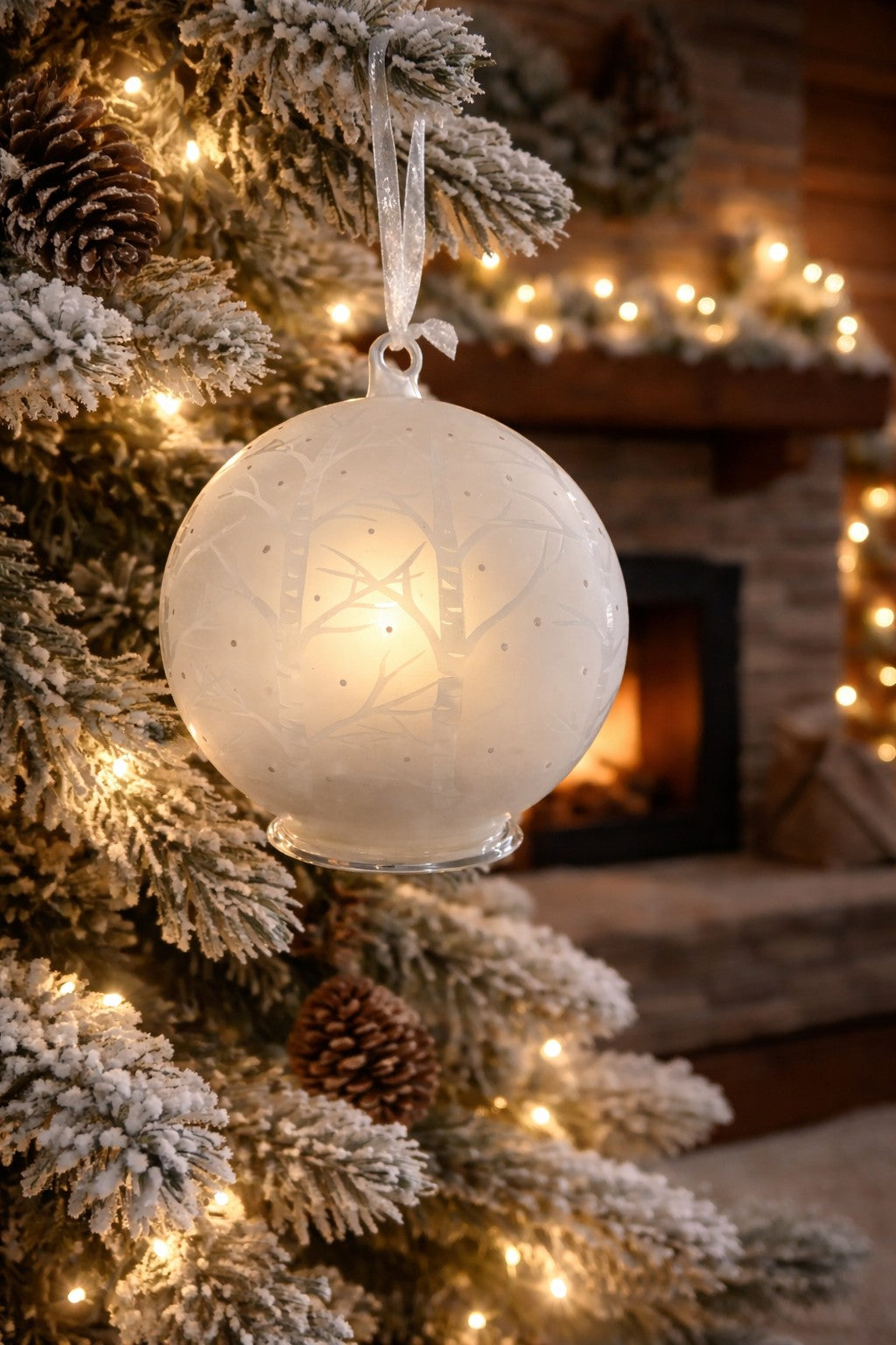 Hand Blown Glass Bauble with Birch Trees, Snow, and Light 5"